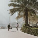 Joggers - Morning waterfront promenade with palm trees and cyclists on modern marina walkway