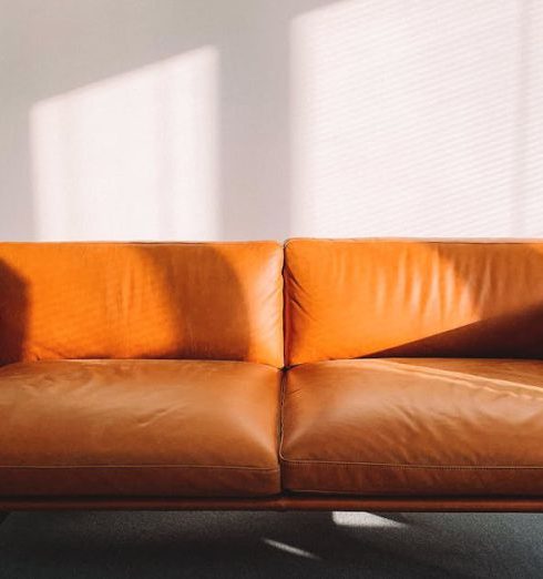 Furniture - 2-seat Orange Leather Sofa Beside Wall