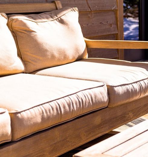 Outdoor Furniture - Brown Wooden Futon Placed Near Coffee Table