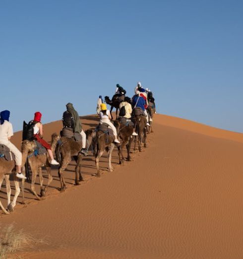 Travel Guides - Tourists and Guides Riding Camels Through the Desert