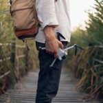 Outdoor Gadgets - A Man with a Backpack Holding a Drone