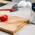 Smart Kitchen Gadgets - A Clicbot About to Cut a Tomato Using a Knife