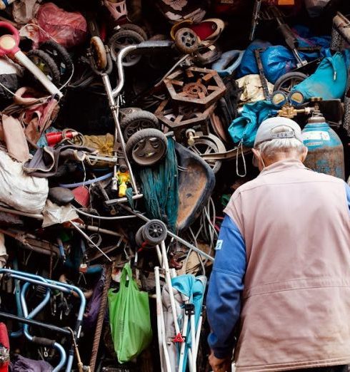 Vintage Items - Men Standing in Front of a Storage Full of Trash