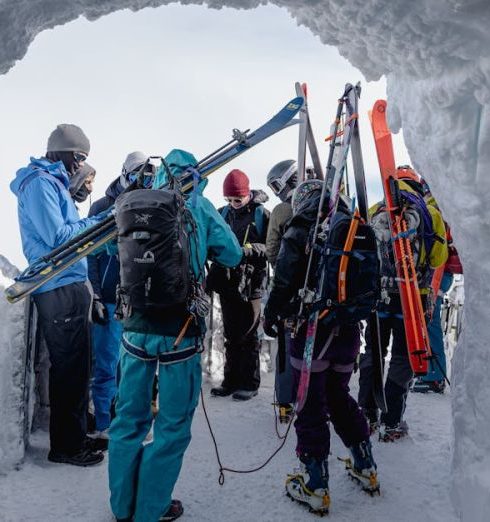 Ski Equipment - People in a Frozen Cave