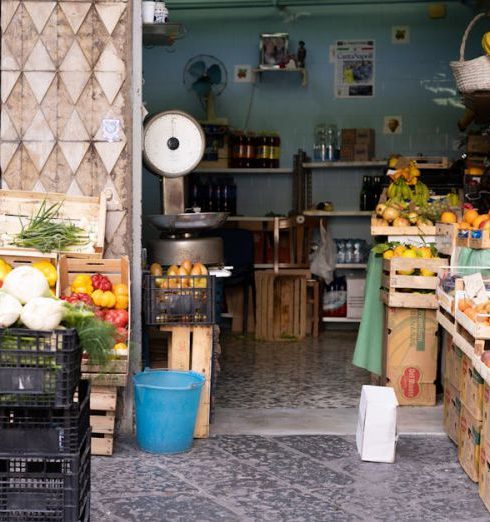 Grocery Stores - A fruit and vegetable stand with crates and crates