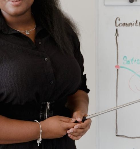 Sales Pitch - African American woman presenting business data on a flipchart in an office setting.