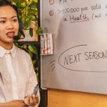 Sales Strategy - Woman presenting business statistics on whiteboard using headset, engaging audience.