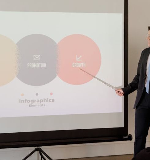 Sales Training - A professional presenting growth strategy with infographics during a business meeting.