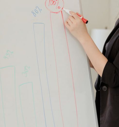 Sales Meeting - Businesswoman giving a presentation with data charts on a whiteboard in a modern office setting.