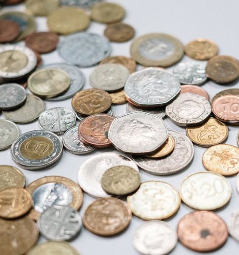 International Diversification - A diverse collection of international coins spread across a white surface, showcasing various currencies and designs.