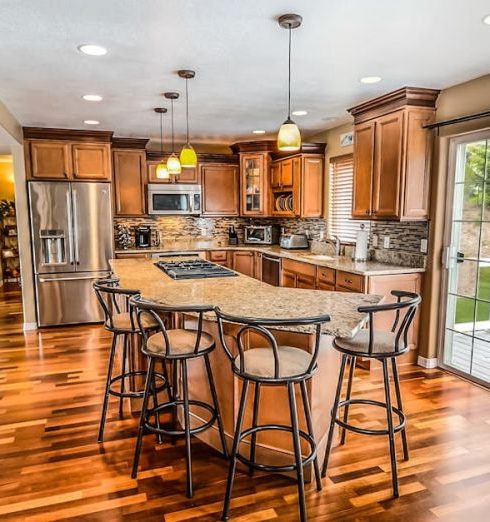 Hardwood Floors - Kitchen Island and Barstools