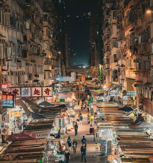 Markets - Drone Shot of Illuminated Mong Kok Shopping Area in Hong Kong, China