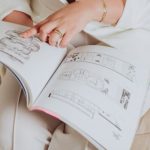 Gap Analysis - Close-up of an Elegant Woman Sitting on a Sofa Pointing at an Illustration in a Book