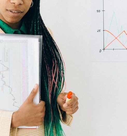 Risk Management Plan - Confident analyst presenting financial data and growth charts in a modern office setting.