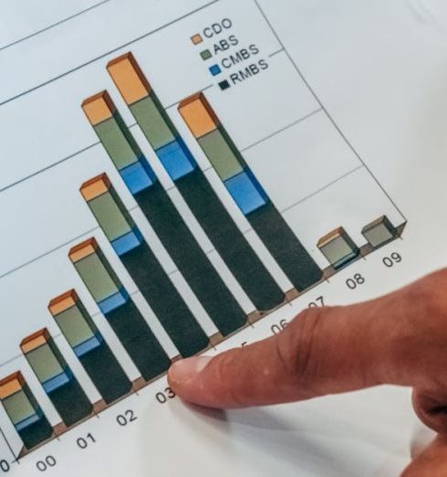 Risk Analysis - Close-up of hands pointing at a financial market activity chart, analyzing trends in securitization.