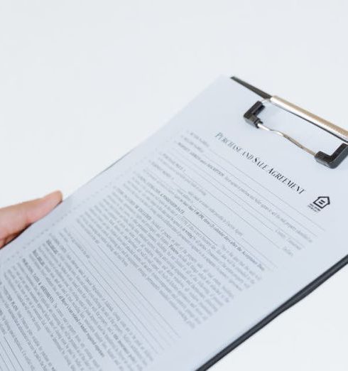 Compliance Management - Person holding a filled contract on a clipboard with a pen against a white background.