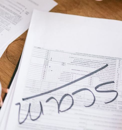 Risk Audits - Close-up of hands reviewing suspicious tax documents labeled 'scam' on a desk.