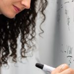 Workshops - Female engineer solving equations on whiteboard with focus and precision.