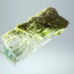 Data Integration - 3D render of a glass structure with embedded greenery, symbolizing sustainable technology integration.