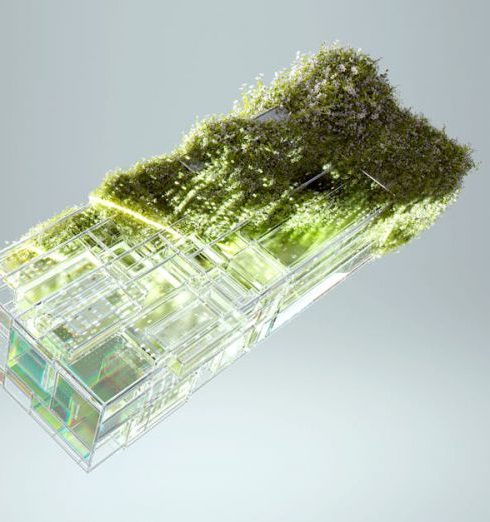 Data Integration - 3D render of a glass structure with embedded greenery, symbolizing sustainable technology integration.