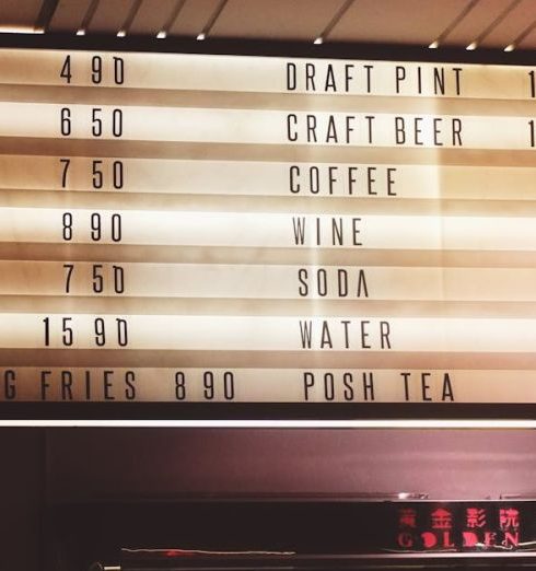 Pricing - A brightly illuminated menu board showcasing various food and drink options with prices in a lively indoor setting.