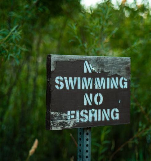 Environmental Regulations - Wooden Sign Near Lake That Forbids Fishing and Swimming