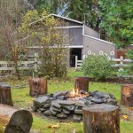 Backyard Seating - Cozy outdoor fire pit with log stools in a tranquil backyard setting.