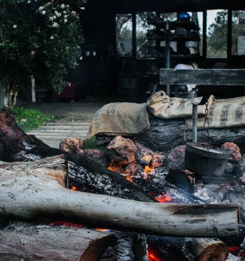 Fire Pit Seating - Stone fire pit with burning firewood and charcoal placed on grassy courtyard of residential house with tall trees in countryside