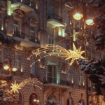 Outdoor Lighting - Charming winter evening street view in Baku decorated with festive lights and snow.