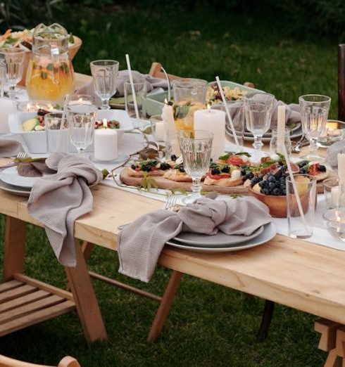 Folding Chairs - Food on Brown Wooden Table With Chairs and Plates