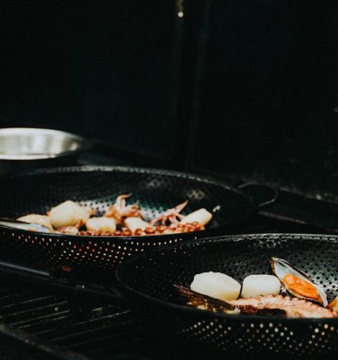 Cast Iron Pans - Mixed Seafood Cooking in Pans