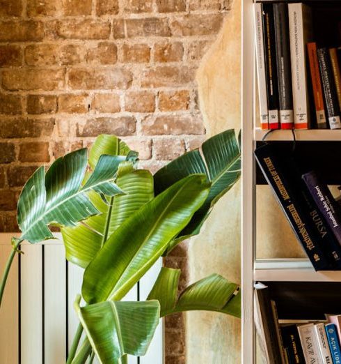 Reading Nook - A cozy reading nook with brick wall, bookshelf, plants, warm lighting, inviting atmosphere.