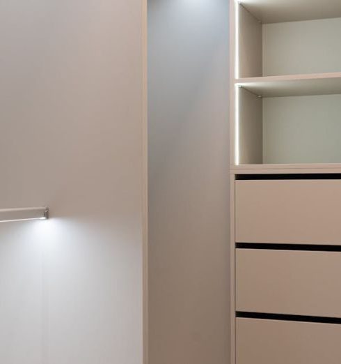 Walk-In Closet - House interior with wardrobe with cabinets and shelves