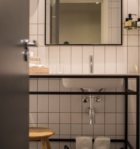 Bathroom Storage - Modern Bathroom Interior with Tiled Walls