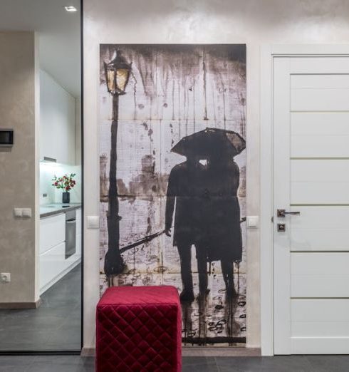 Closet Dividers - Corridor interior with closet with mirrored doors and pouf