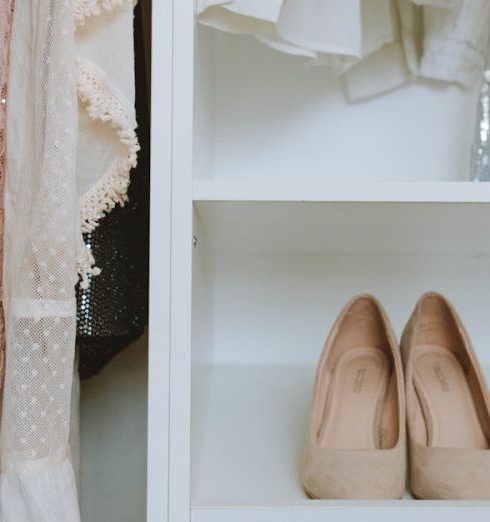 Closet Organizer - Beige Shoes on White Wooden Shelf Under Clothes