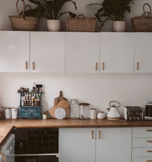 Kitchen Drawers - White Wooden Kitchen Cabinet With Green Potted Plants