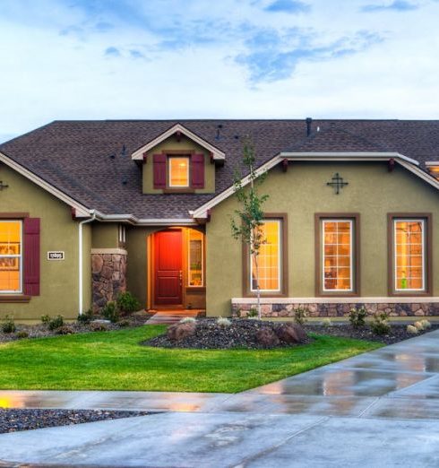 Front Yard - Lighted Beige House