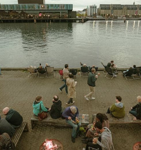 Fire Pits - People on Promenade in Town