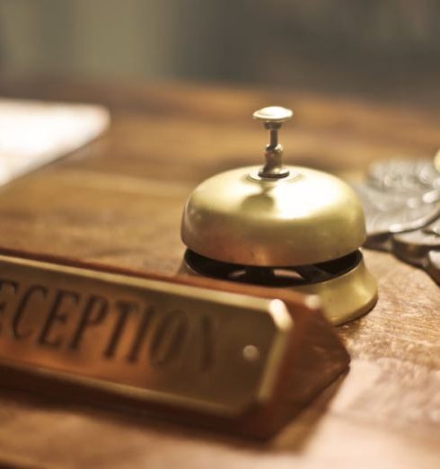 Registration - Old fashioned golden service bell and reception sign placed on wooden counter of hotel with retro interior