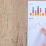 Metrics - Hand analyzing business graphs on a wooden desk, focusing on data results and growth analysis.