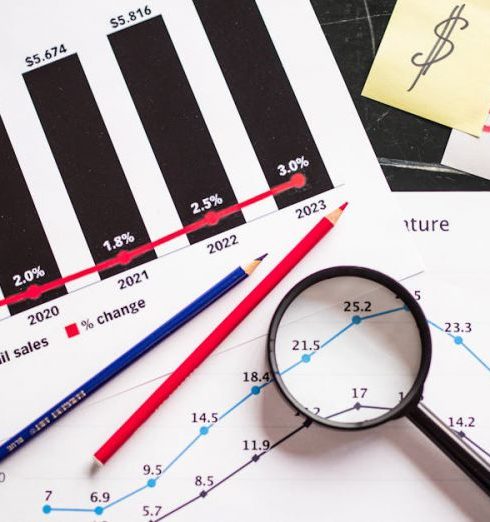 Profit Margins - Charts and graphs highlighting retail sales growth, utilizing a magnifying glass for detail.