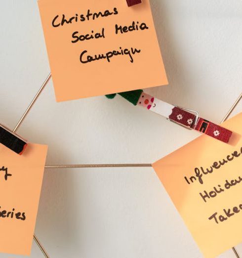 Email Campaigns - Sticky notes with holiday marketing ideas for Christmas social media and email campaigns.