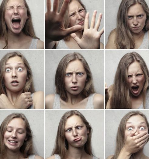 Emotional Intelligence - Multiple portraits showcasing various facial expressions and emotions of a young woman.