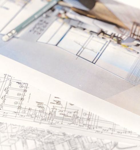 Development Plan - Close-up of architectural blueprints and 3D design on paper with pencil on a desk.