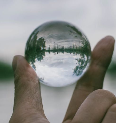 Transparency - A hand holding a transparent glass sphere outdoors, showcasing an inverted reflection of the landscape.