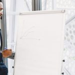 Growth Opportunities - Confident businessman in a suit giving a presentation on growth strategy with a chart on a flipchart.