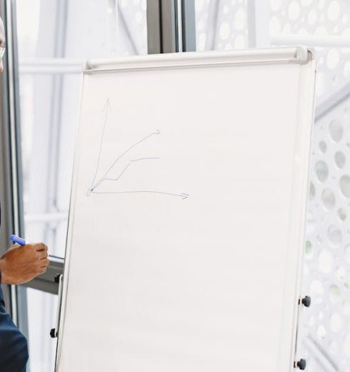 Growth Opportunities - Confident businessman in a suit giving a presentation on growth strategy with a chart on a flipchart.