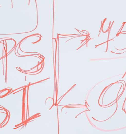 Metrics - Whiteboard with red ink showing KPI metrics, strategy planning, and graphs for business development insights.