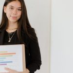 Growth Marketing - Confident businesswoman presenting a colorful bar graph on a clipboard.